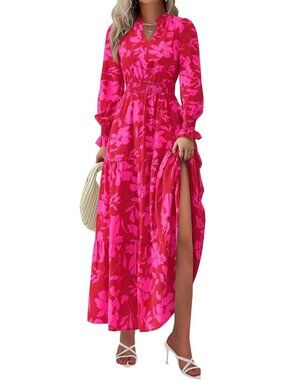 PrettyGarden Women's Red Big Floral Sleeve V Neck A Line Flowy Maxi Long Dress